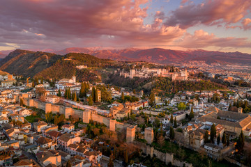 Granada Alhambra medieval palace castle at sunset aerial view - obrazy, fototapety, plakaty