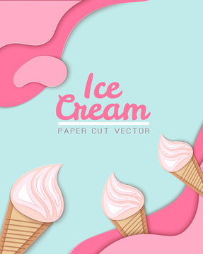 Ice cream cone, Background, 3D, Pastel. Abstract images of ice cream in paper cut style. Minimalistic summer food concept. Vector illustration
