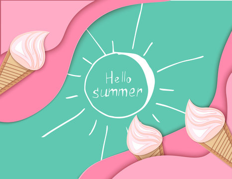 Ice cream cone, Background, 3D, Pastel. Abstract images of ice cream in paper cut style. Minimalistic summer food concept. Vector illustration