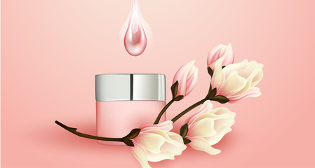 beautiful vector illustration, realistic mocap, template, cosmetic cream packaging, 3d bottle. around beautiful magnolia flowers. stock illustration.