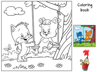 Tree with swing and two happy little cats. Coloring book. Cartoon vector illustration