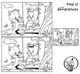Tree with swing and two happy little cats. Find 10 differences. Educational matching game for children. Black and white cartoon vector illustration