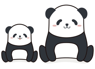 Cute funny cartoon style panda of parent and child family vector illustration.