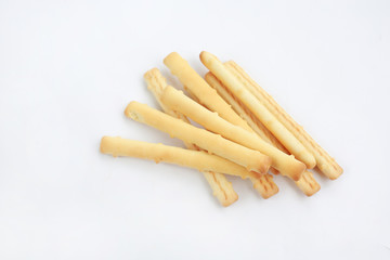 Top view bread sticks on white background.