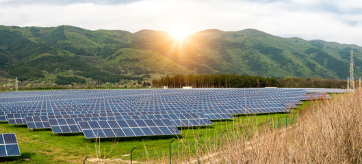 Solar panels, photovoltaics, alternative electricity source. View of a solar station at the...