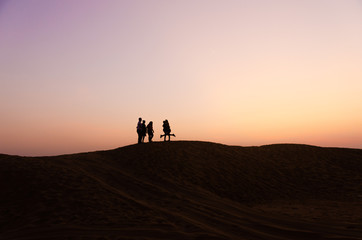 Fototapeta na wymiar silhouette of five friends in beautiful evening in desert