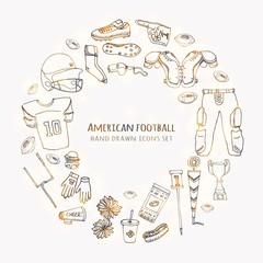 Hand drawn doodle american football set Vector illustration Sketchy sport related icons football elements, ball helmet jersey pants knee thigh shoulder pads cleats field cheerleading down indicator