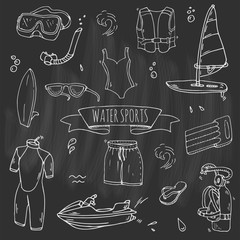 Hand drawn doodle Water sports icons set. Vector illustration, isolated symbols collection, Cartoon various elements: jetski, wakeboard, waterski, surfing, kayak, kitesurfing, paddle, parasailing