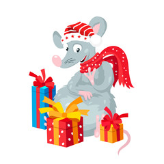 Funny rat in a red scarf and hat and gift boxes.