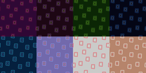 Vector set of seamless pattern of drawn concentrated squares. Colour palette of purple, violet, blue, green, grey, brown tints