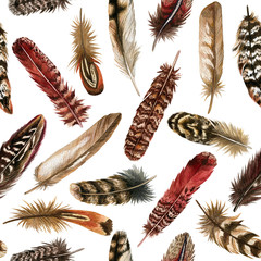 Watercolor seamless hand drawn pattern with red and brown feathers
