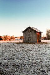 Tiny Barn House On The Frosty Fields