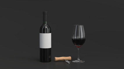 Mockup of bottle of wine with glass and corkscrew