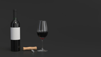 Mockup of bottle of wine with glass and corkscrew