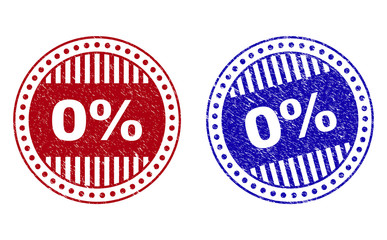 Grunge 0 Percents round stamp seals isolated on a white background. Round seals with distress texture in red and blue colors. Vector rubber overlay of 0 Percents label inside circle form with stripes.