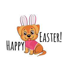 cute puppy in easter bunny costume. A dog sits smiling in a pink suit with bunny ears on its head.