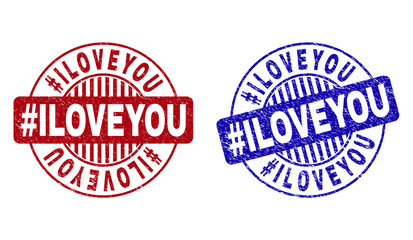 Grunge Hashtag ILOVEYOU round stamp seals isolated on a white background. Round seals with grunge texture in red and blue colors. Vector rubber overlay of Hashtag ILOVEYOU title inside circle form