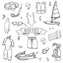 Hand drawn doodle Water sports icons set. Vector illustration, isolated symbols collection, Cartoon various elements: jetski, wakeboard, waterski, surfing, kayak, kitesurfing, paddle, parasailing