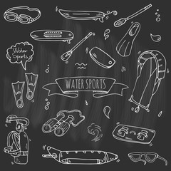 Hand drawn doodle Water sports icons set. Vector illustration, isolated symbols collection, Cartoon various elements: jetski, wakeboard, waterski, surfing, kayak, kitesurfing, paddle, parasailing