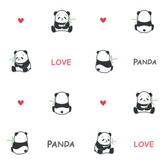 Cute funny cartoon style panda bear with bamboo vector seamless pattern illustration.