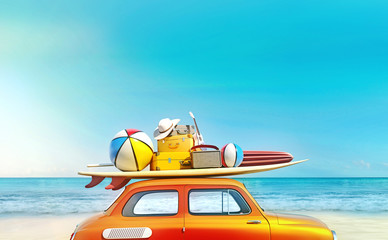 Small retro car with baggage, luggage and beach equipment on the roof, fully packed, ready for summer vacation, concept of a road trip with family and friends