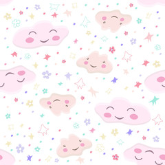 pattern with cute cloud characters, heart pierced by an arrow, stars and flowers