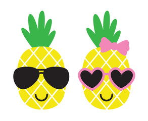 Cute pineapples boy and girl wearing sunglasses. Summer pineapple fruit vector illustration.