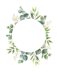 Watercolor vector wreath with green eucalyptus leaves and flowers . © ElenaMedvedeva
