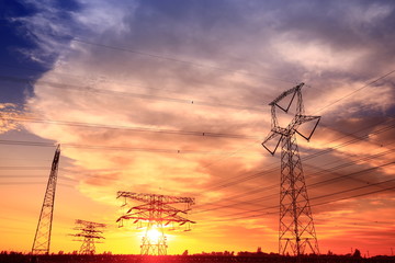 Pylon, high-voltage tower sky background.