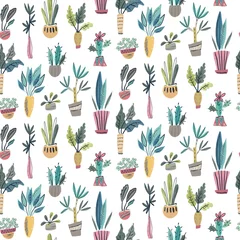 Wall murals Plants in pots Vector seamless pattern with collection of house plants in pots.