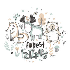 Vector ilustration of cute hand drawn animals