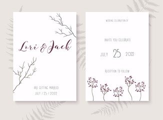 Wedding invitation cards with leafs. Save the date.  Vector illustration.