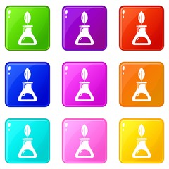 Ecology chemical test tube icons set 9 color collection isolated on white for any design
