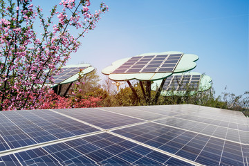 Ecological energy renewable solar panel plant with urban landscape landmarks