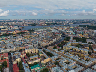 Panoramic view of Saint Petersburg, drone photo, summer day. Sennoy District. River Neva and the river Moika