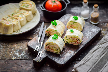 Lavash roll with canned sardine, corn and green peas.