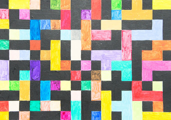 Hand painted geometric squares in black and bright colors