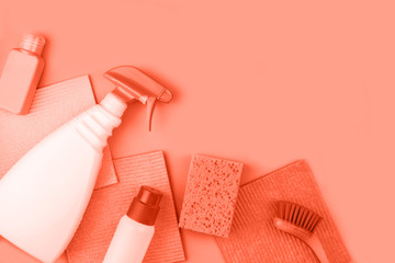 Obraz premium House cleaning products are on coral background.
