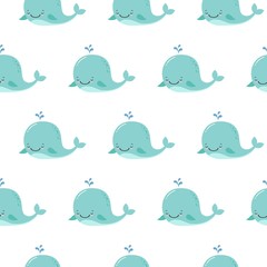 Cute background with cartoon blue whales. Kawaii animal pattern