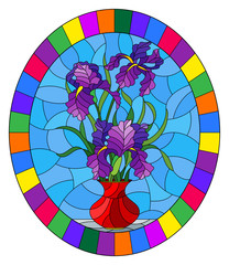Illustration in stained glass style with floral still life,  bouquet of purple irises in a red  vase on a blue background,round image in bright frame