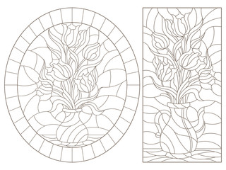 A set of contour illustrations of stained glass still lifes, bouquets of tulips in vases, dark contours on a white background
