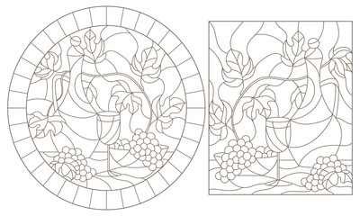 Set of contour illustrations of stained glass Windows with still lifes,jug and fruit, dark contours on a white background