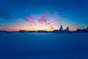 Cold day sunset landscape. Photo from Sotkamo, Finland.