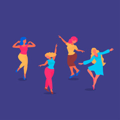 Happy dancing women  in a bright clothes. Dance party. Vector illustration