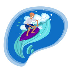 surfer in t-shirt and shorts swims on the wave vector image