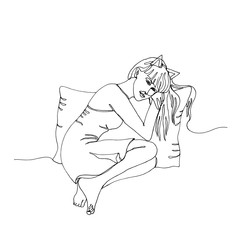attractive girl is sitting with a pillow, hand drawn pen line art, single line drawing