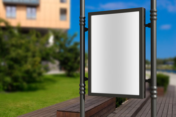 3D rendering of blank billboard (empty advertisement) with city background. Empty mockup template