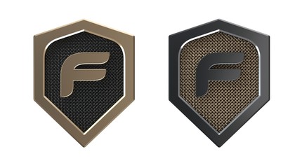 Letter F, metal shield logo with grid.