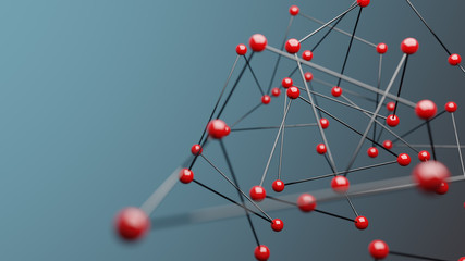 Red spheres on blue background, concept of network. 3D Rendering