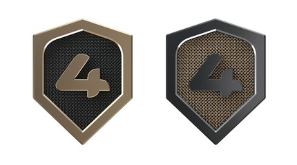 Number 4, metal shield logo with grid.